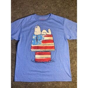 Peanuts T Shirt Boy Large Blue Snoopy USA Flag‎ House Graphic Cotton Crew Neck